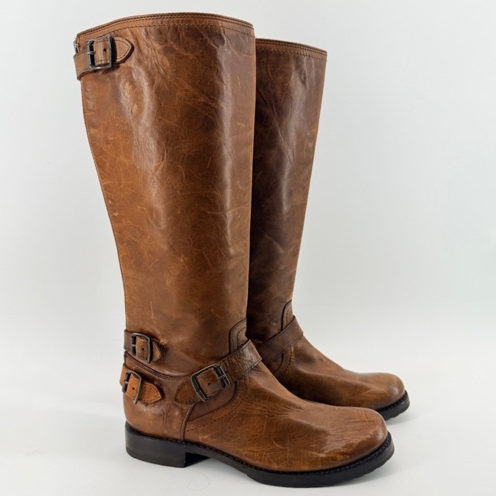 FRYE Veronica Belted Back Zip Tall Leather Moto Boots Cognac Brown Womens 10B